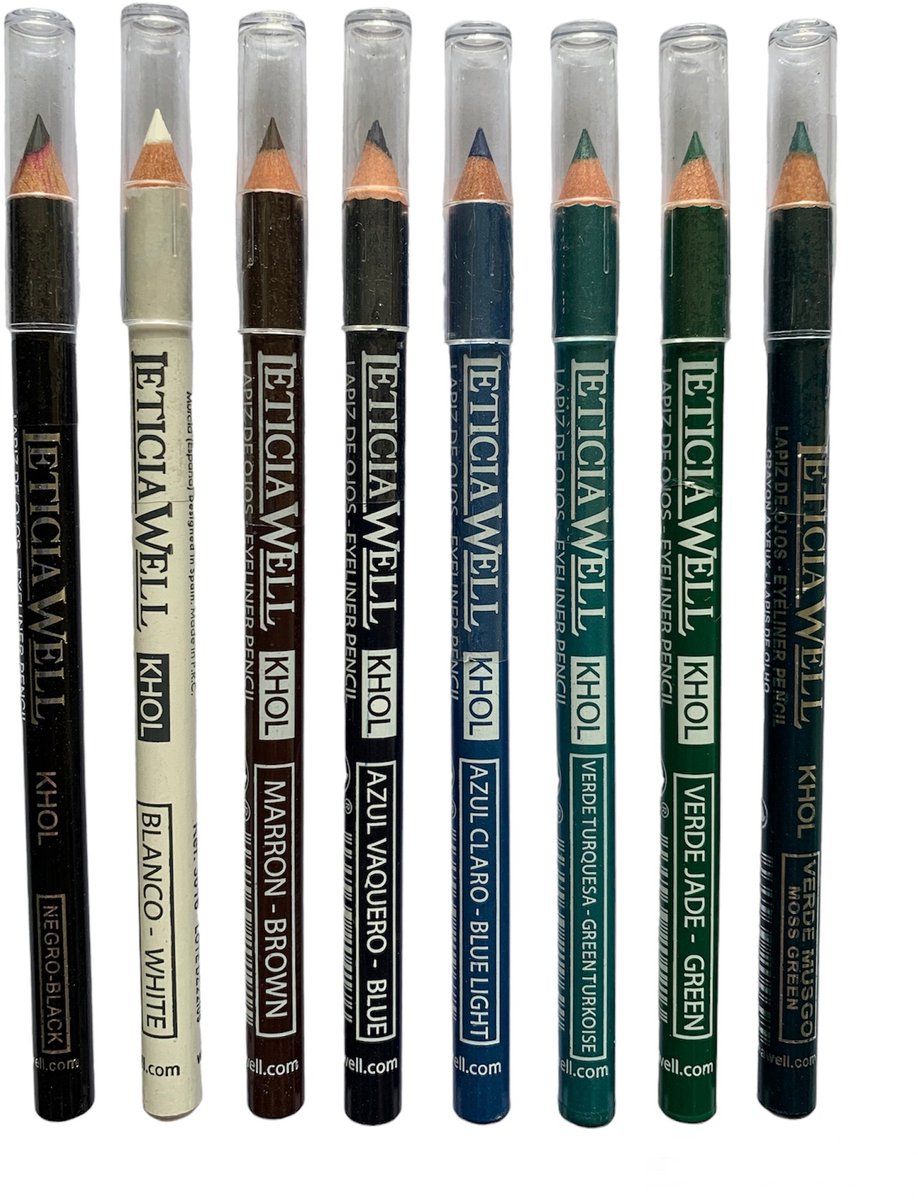 Leticia Well - Set met 8 Kohl / Kajal Oogpotlood / Eyeliner Pencil - Zwart - Wit - Bruin - Donker Blauw - Kobalt Blauw - Turquoise Groen - Helder Groen - Groen - Set met 8 stuks