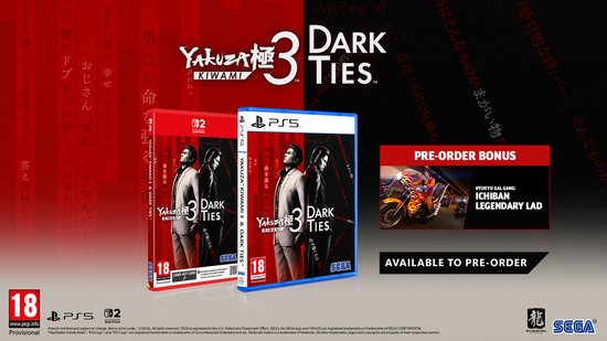 Verpakking van Yakuza Kiwami 3 & Dark Ties voor Nintendo Switch met PEGI 18-rating.
