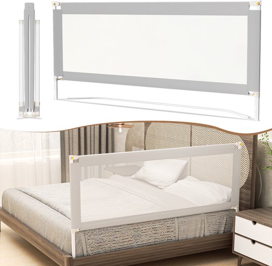Barrière de lit - Réglable et pliable - Extra longue 150 cm - Barrière de lit universelle - Protection antichute - Barrière de lit - Blocage StandSafe - Grijs avec sangle de fixation
