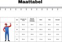 Maattabel met maten S, M, L, XL voor een Mario-kostuum. Bevat ook een afbeelding van het kostuum.