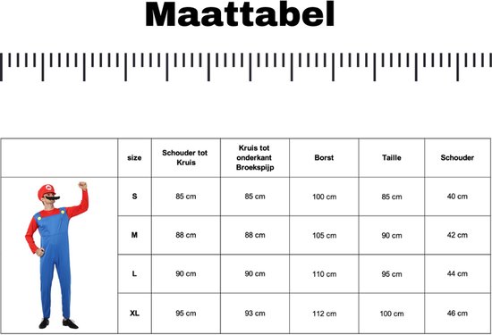 Maattabel met maten S, M, L, XL voor een Mario-kostuum. Bevat ook een afbeelding van het kostuum.