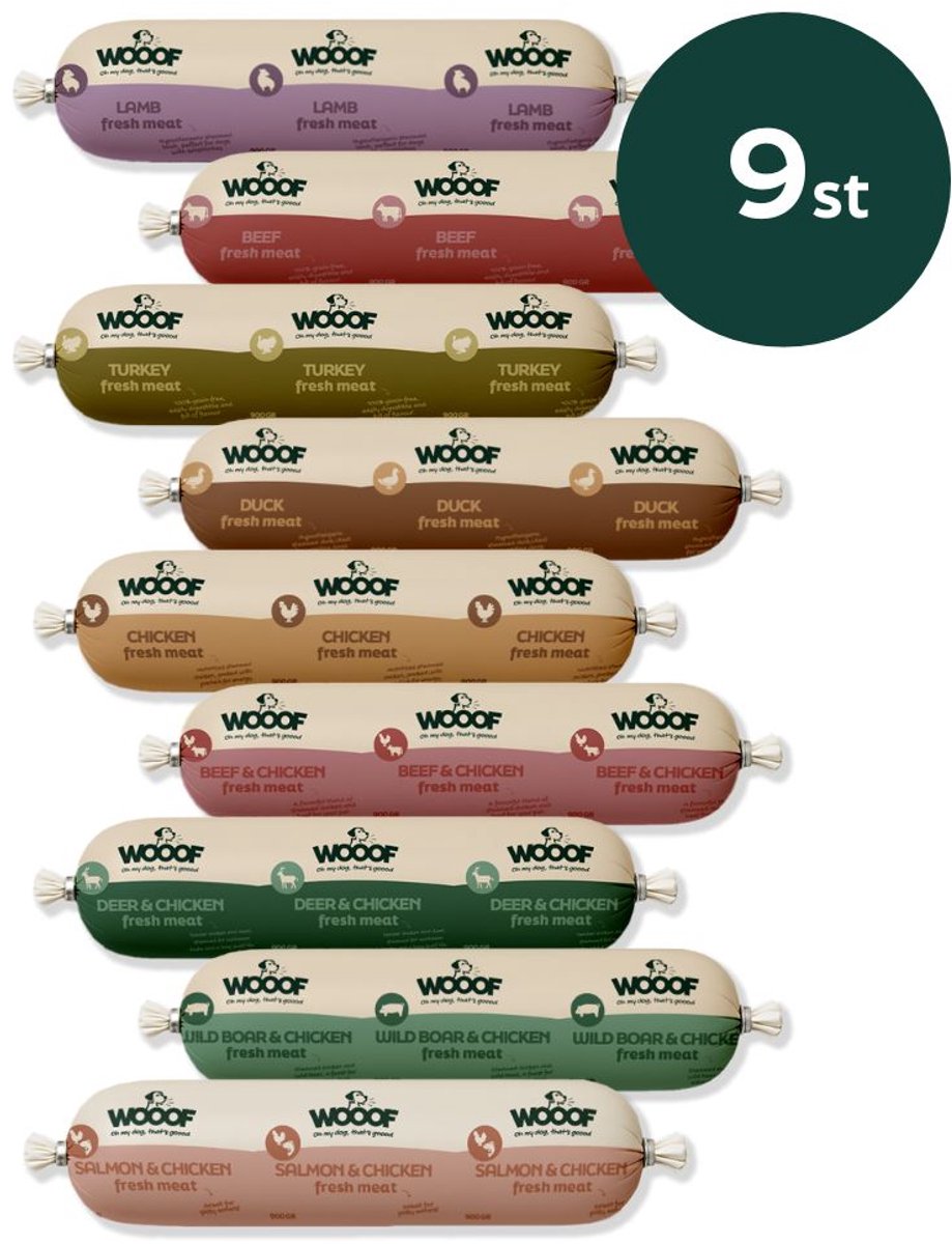 Bol.com WOOOF Honden worsten Pakket 9 Vers Vlees Worsten – Kip, Rund, Eend, Lam, Hert, Wildzwijn, Kalkoen, Zalm – Houdbaar Honde... aanbieding