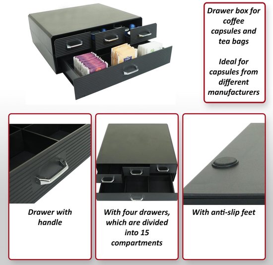 Boîte à tiroirs pour capsules de café/sachets de thé MCW-L99, boîte de rangement avec 4 tiroirs boîte 13x34x31cm