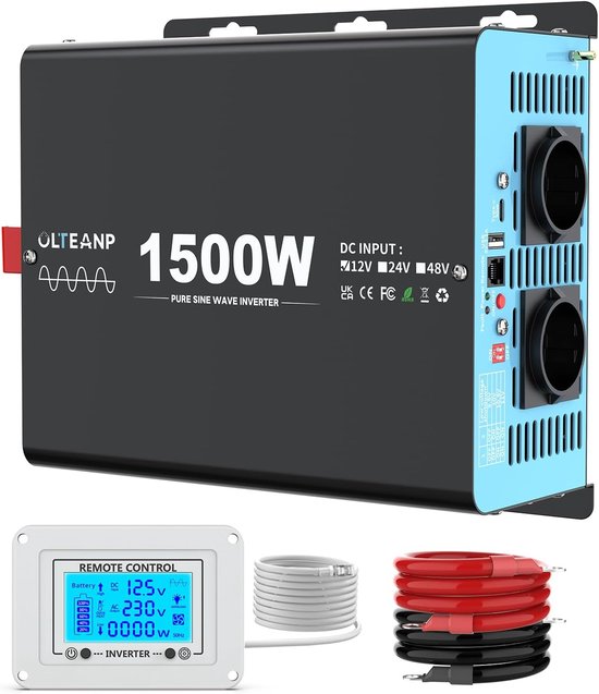 UPS 1500 W omvormer 12 V 220 V zuivere sinusomvormer transformator met 30 A lader, 2 EU-stopcontacten, 5 m afstandsbediening en LCD-scherm voor noodoproepen thuis, reizen buitenshuis