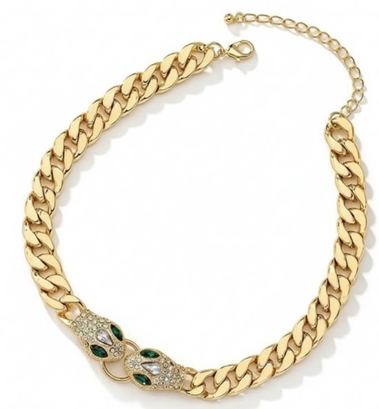 Collier à maillons doré pour femme avec pendentif double tête de panthère et strass