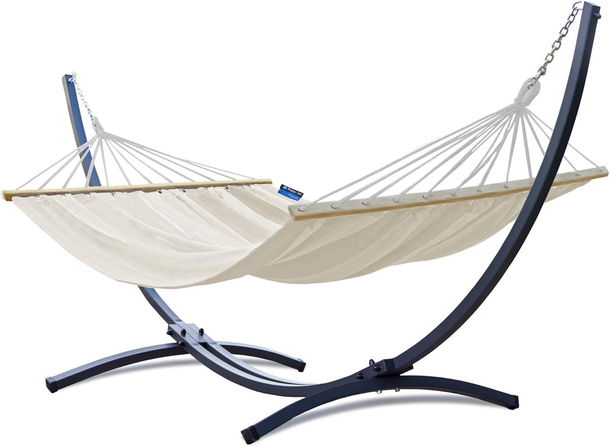 Hangmat met standaard voor 2 personen - XXL katoen met spreidstok - draagvermogen tot 220 kg - verzinkt metalen frame