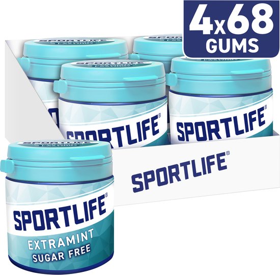 Display met 5 potten Sportlife extramint suikervrije kauwgom, 4x68 stuks.
