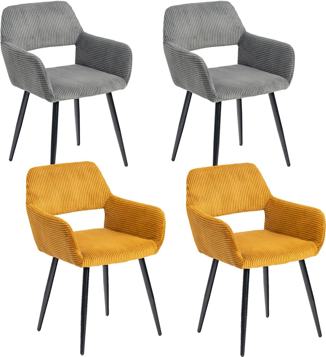 Meubles Cosy – CROMWELL CORDUROY – Set van 4 eetkamerstoelen met armleuningen – Donkergrijs & Geel – Corduroy zitting