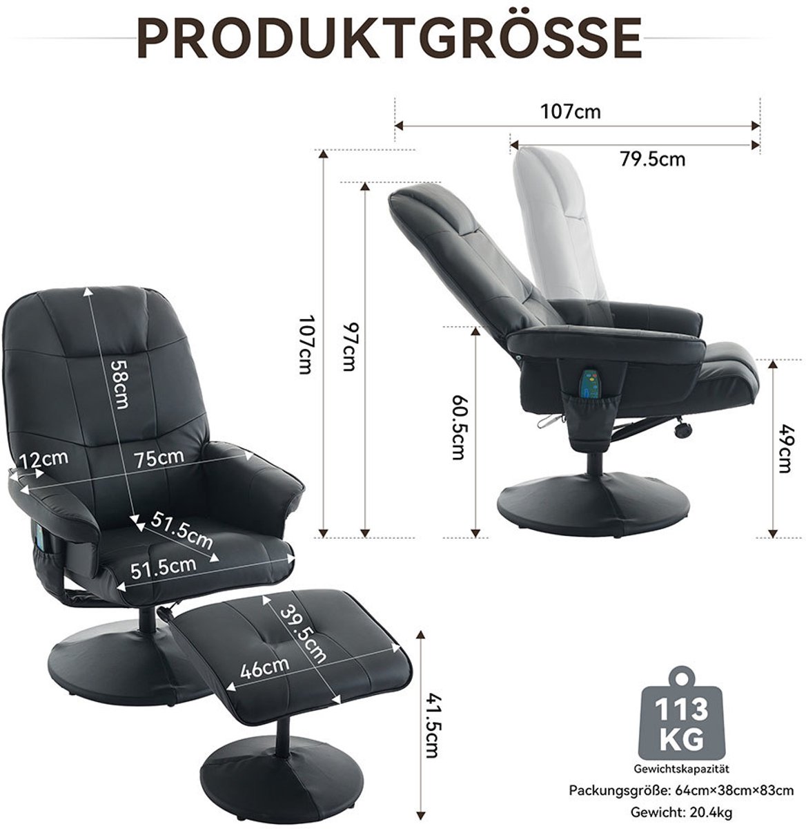 Afbeelding 3 van BLACKCOLORS Massagefauteuil Zwart met Verwarming en