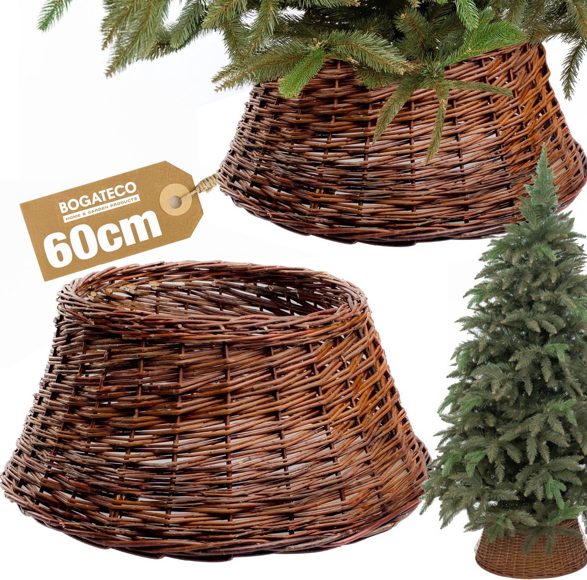 BOGATECO rieten mand voor de kerstboom 60cm diameter | Kerstboomrok van wilgenhout | Kerstboommand | Naturelkleurige kerstboomstandaard van wilgenhout | Handgemaakt | Bruin