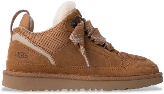Bruine UGG sneaker met bontvoering, plaid veters en rits aan de zijkant.