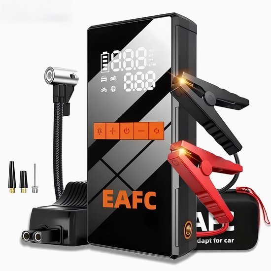 Démarreur de secours EAFC 12 V pour Auto et moto avec compresseur - 1 000 A/20 000 mAh - Démarreur de secours 5 en 1 avec compresseur, batterie externe, lampe de poche LED et éclairage d'urgence SOS - Démarreur de Jump - Incl.