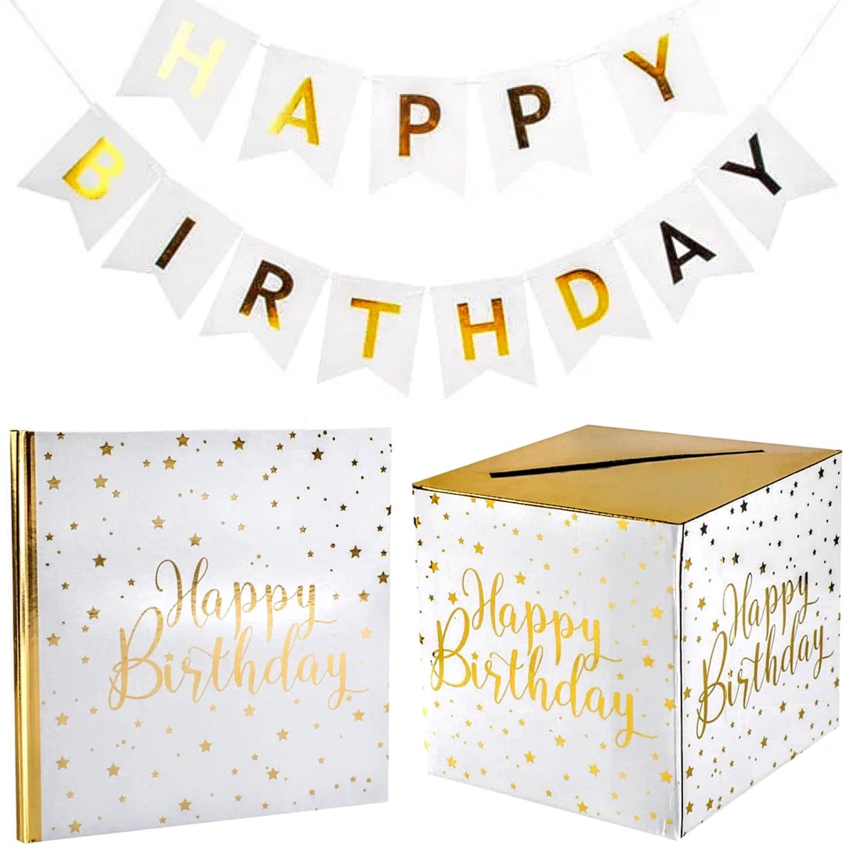 Verjaardag set Happy Birthday met slinger, gastenboek en moneybox - verjaardag - happy birthday - slinger - gastenboek - moneybox - goud