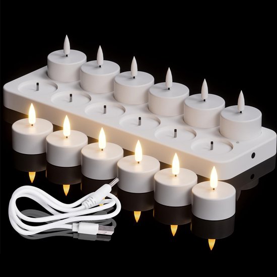 Oplaadbare Theelichtjes , 12 Stuks Op Batterijen Werkende 3D-lont Flikkerende Vlamloze Kaarsen Met Oplaadstation Voor Halloween-kerstdecoratie (4 X 4,7 Cm)