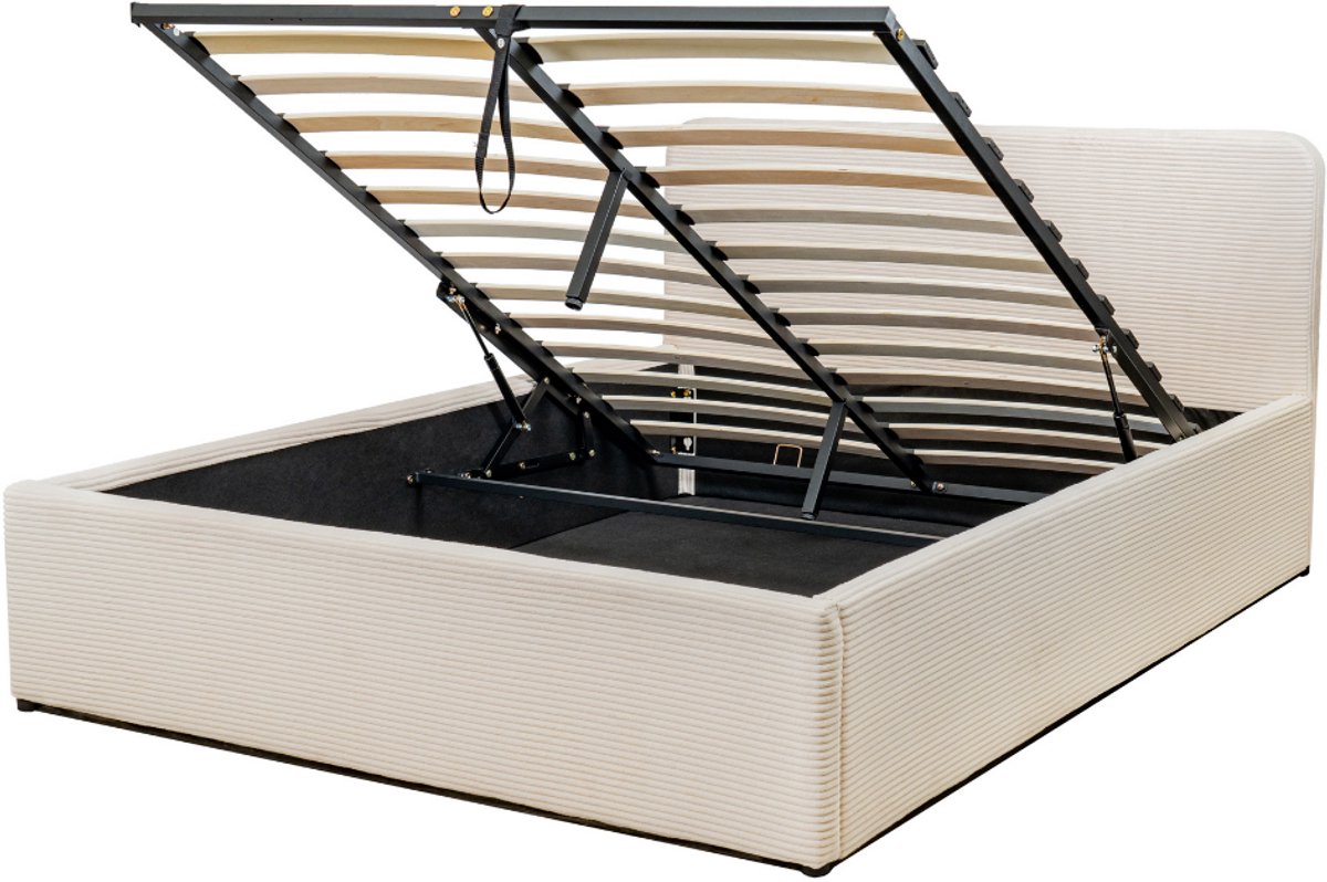 CALICOSY - Opbergbed 160x200 cm met hoofdbord bekleed met beige - LIVY