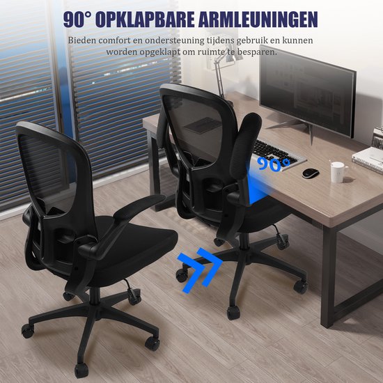 Durrafy Bureaustoel - Ergonomische Bureaustoel - Bureaustoelen voor Volwassenen - Office Chair - met Lendensteun & 90° Opklapbare Armleuningen | Verdikt en Verbreed Zitkussen | Hoogteverstelling - Stoel Tot 150kg - Zwart