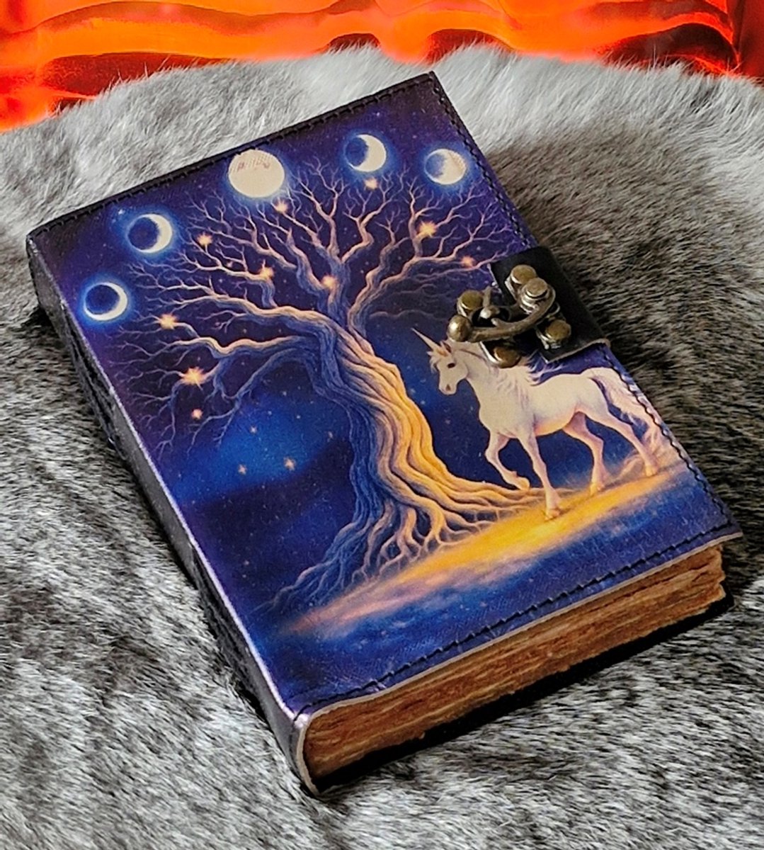 Leren Dagboek Unicorn en Maanfasen - Leren Notitieboek - 18 x 13cm - Leren Journal - Handgemaakt