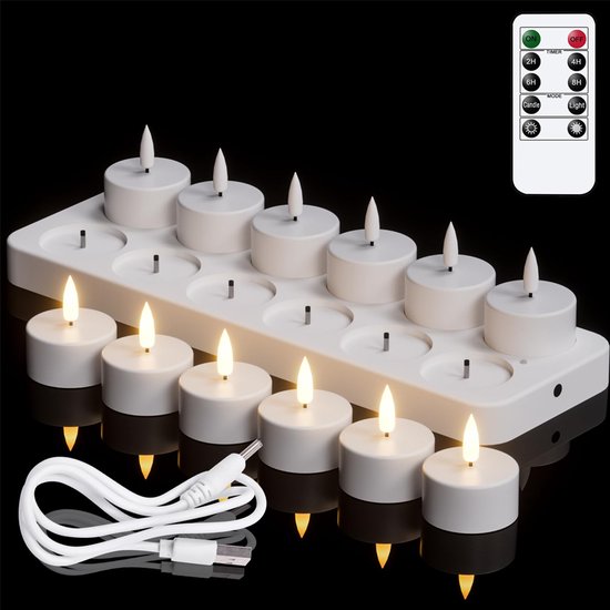Oplaadbare Theelichtjes Met Afstandsbediening En Timer, 12 Stuks Op Batterijen Werkende 3D-lont Flikkerende Vlamloze Kaarsen Met Oplaadstation Voor Halloween-kerstdecoratie (4 X 4,7 Cm)