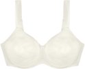 Soutien-gorge minimiseur blanc cassé avec une subtile texture sur les bonnets, flottant sur fond gris.