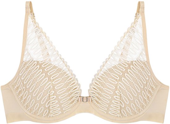 Soutien-gorge de couleur crème avec un décolleté en V et des bonnets décorés de dentelle.