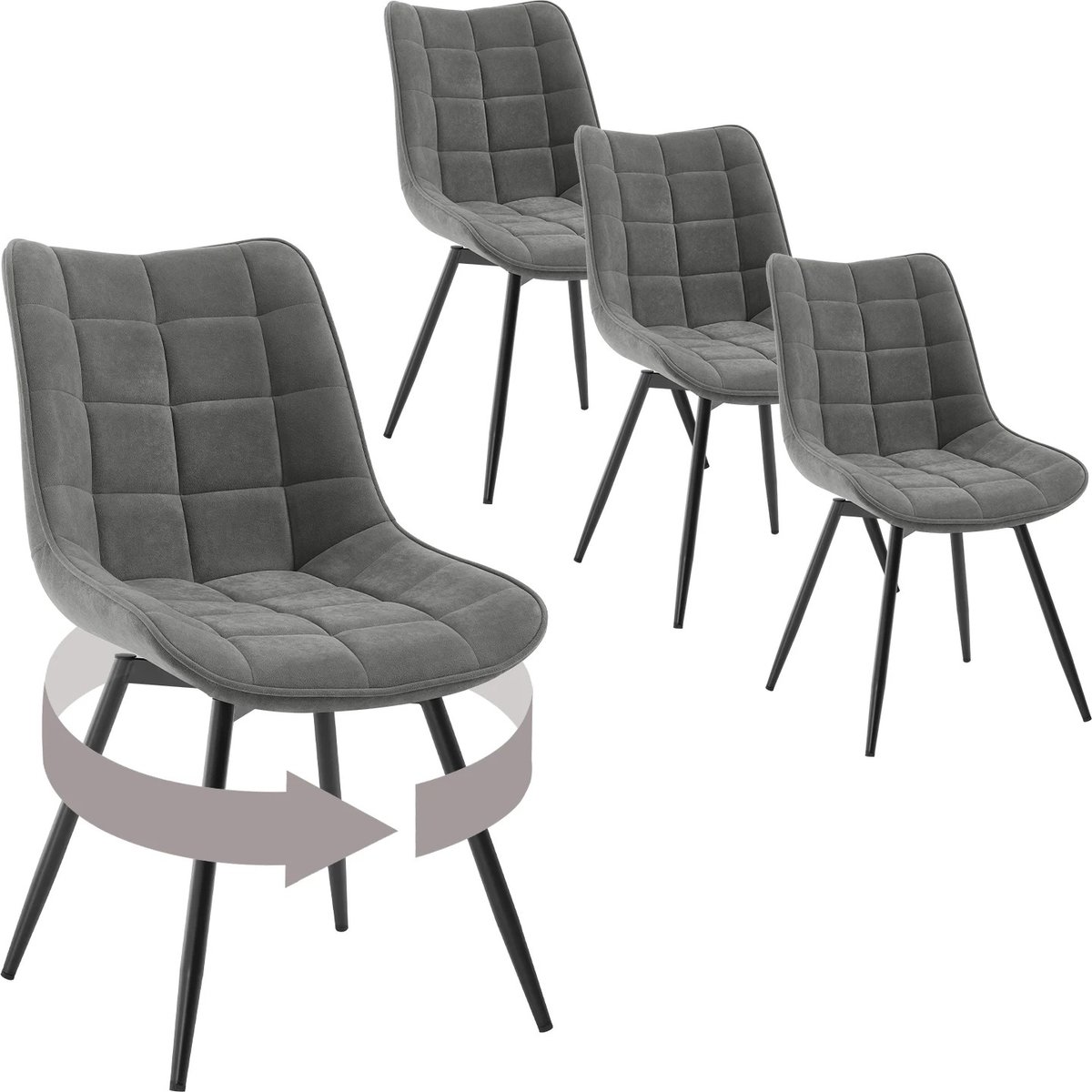 4-delige Set Draaibare Eetkamerstoelen – Fluwelen Gestoffeerde Stoelen – Zachte & Ergonomische Keukenstoelen – 360° Draaibaar – Voor Eetkamer, Woonkamer & Restaurant - Velvet - Grijs