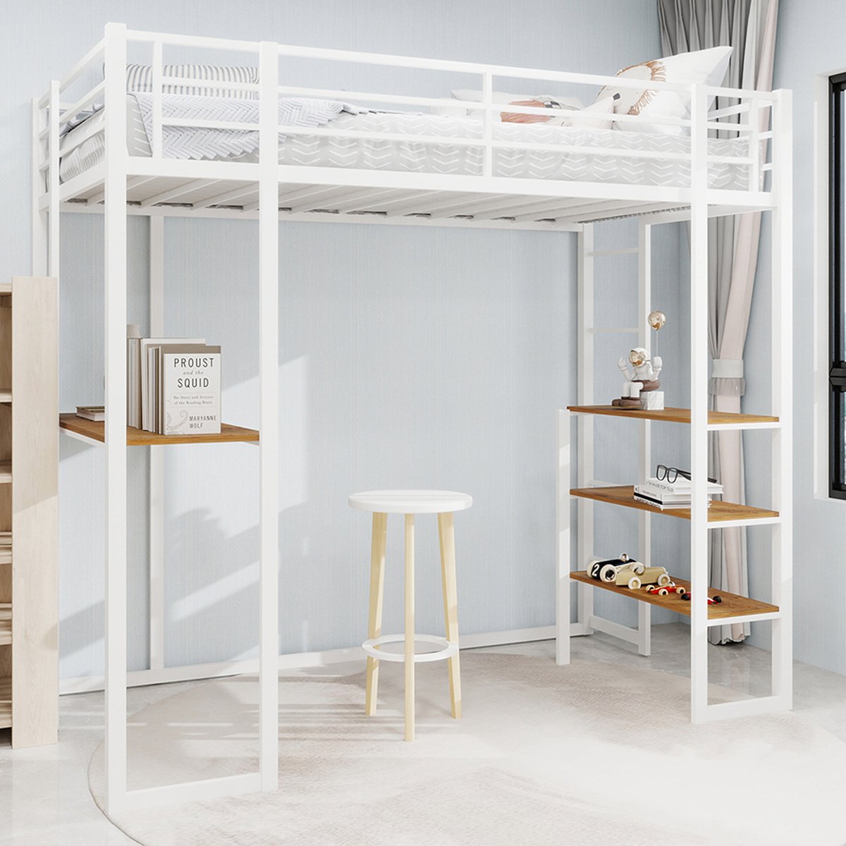 BLACKCOLORS IJzeren bedframe met bed en tafel, kinder- en tienerbed met L-vormig bureau, ijzeren bedframe met veiligheidsrail en trap, met trap aan beide zijden, overal te plaatsen