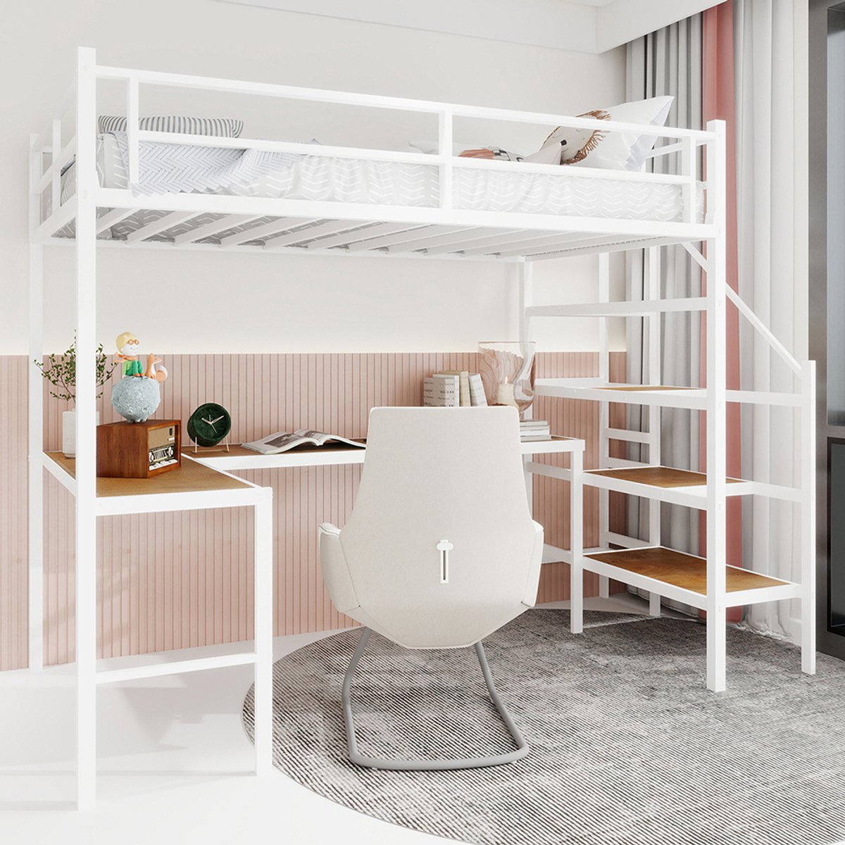 BLACKCOLORS Stapelbed met L-vormig bureau, veel opbergruimte en vakken, stabiel bedframe met trap, doorlopende leuning, ruimtebesparend, geruisloos, geen elastische veren nodig