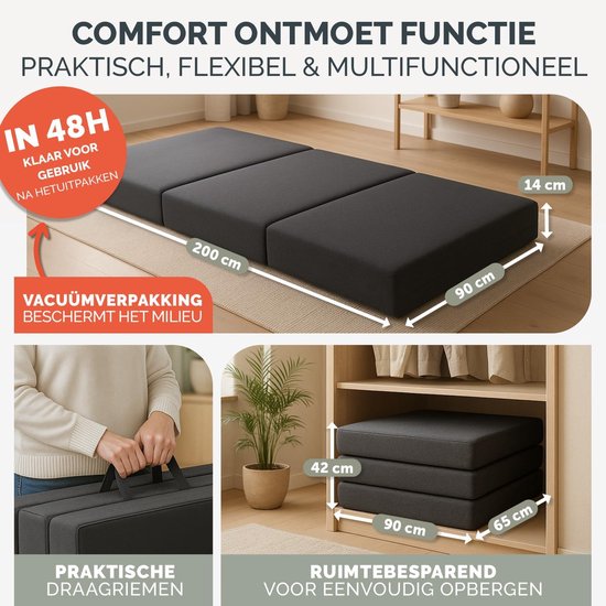 Opvouwbare Matras 90x200 cm - Extra Dikke Slaapmatras voor Volwassenen en Kinderen - Huidvriendelijke en Wasbare Hoes - Ideaal voor Kamperen en Logeren van Milliard — afbeelding 3