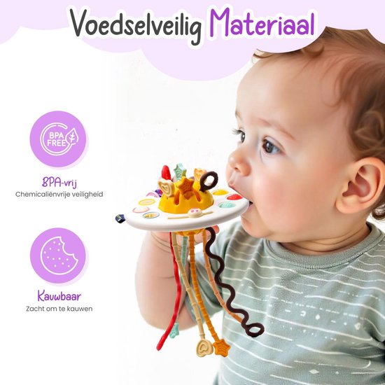 Baby sabbelt op BPA-vrij, zacht, kleurrijk UFO-speeltje met touwtjes en sterretjes.