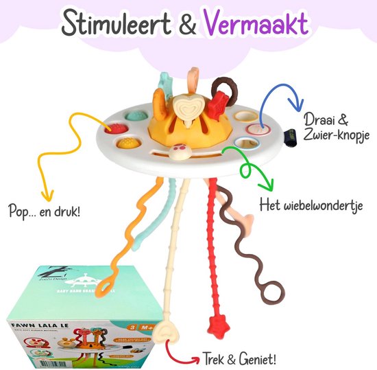 UFO-babyspeeltje met geel middenstuk, gekleurde touwtjes en drukknoppen. Doos zichtbaar.