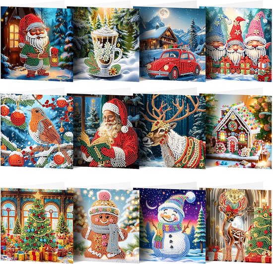 Collage van 12 diamond painting kerstkaarten met diverse kerstmotieven, zoals een kerstman, rendier, kerstboom, en sneeuwpop.