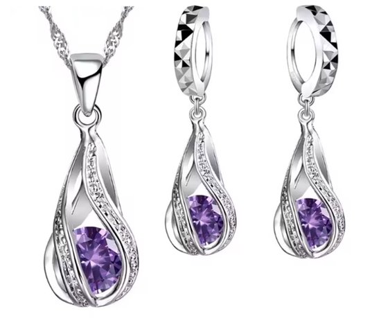 BY-ST6 Sieradenset ketting + oorbellen - zilverkleurig paars