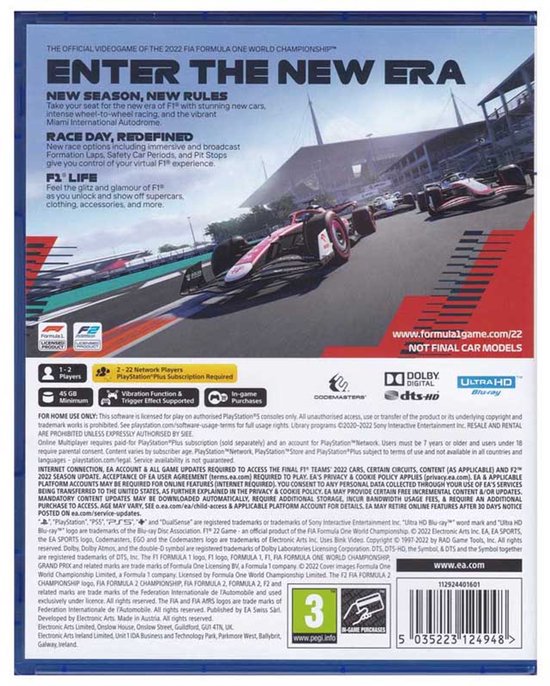 Cover van de F1 2022 game voor PS5, met een raceauto en circuit op de achtergrond.