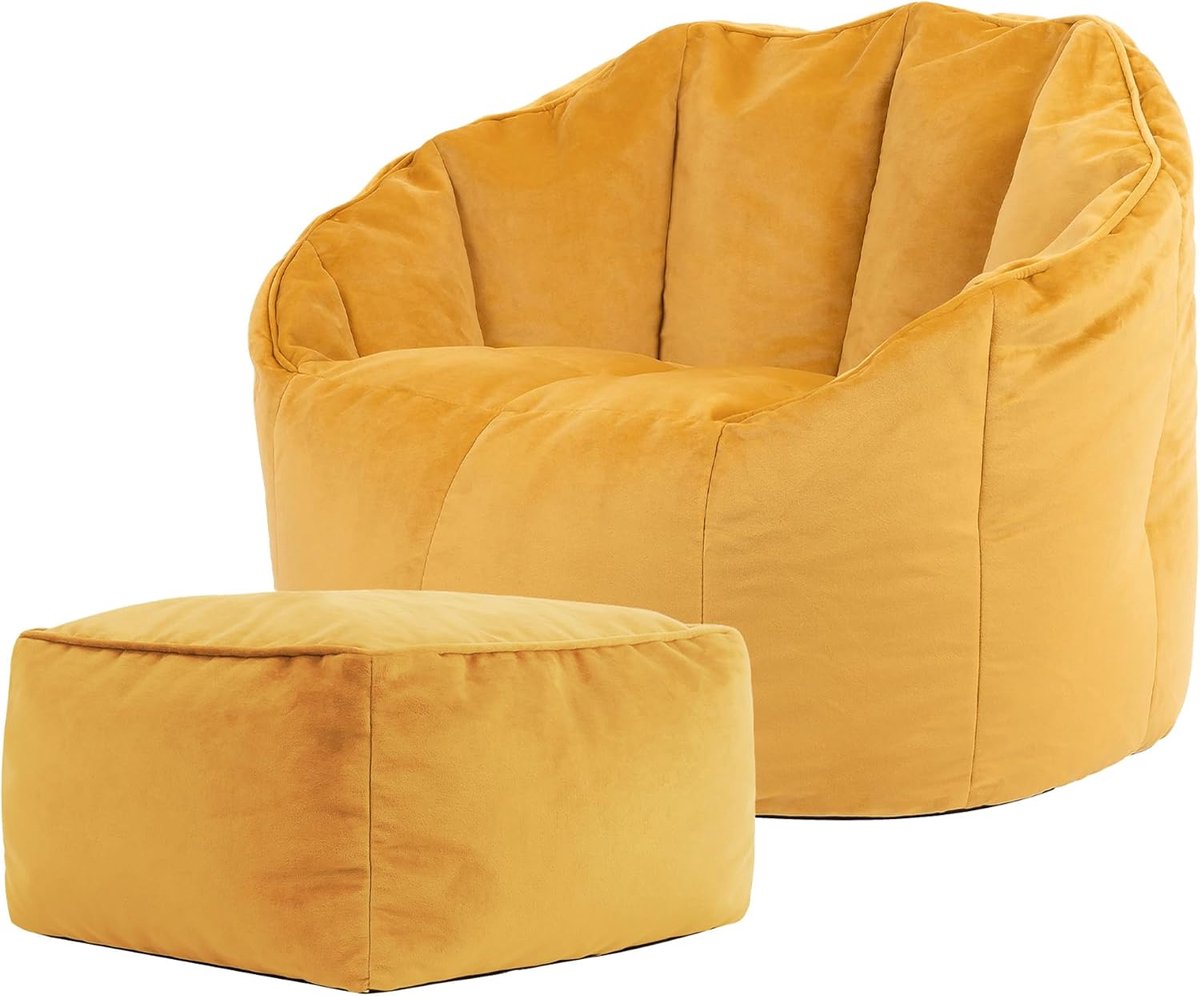 Luxe Zitzak Fauteuil met Hocker in Geel - Fluwelen Schelp Stoel voor Woonkamer en Slaapkamer