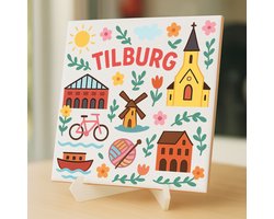 Tegeltje Tilburg - 15×15 cm – Keramiek – Decoratief Souvenir – Inclusief Transparante Houder / Ezel – Cadeau - Tegeltjes met tekst