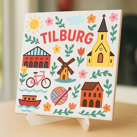 Carreau de Tilburg - 15 x 15 cm - Céramique - Souvenir décoratif - Avec support/chevalet transparent - Cadeau - Carreaux avec texte