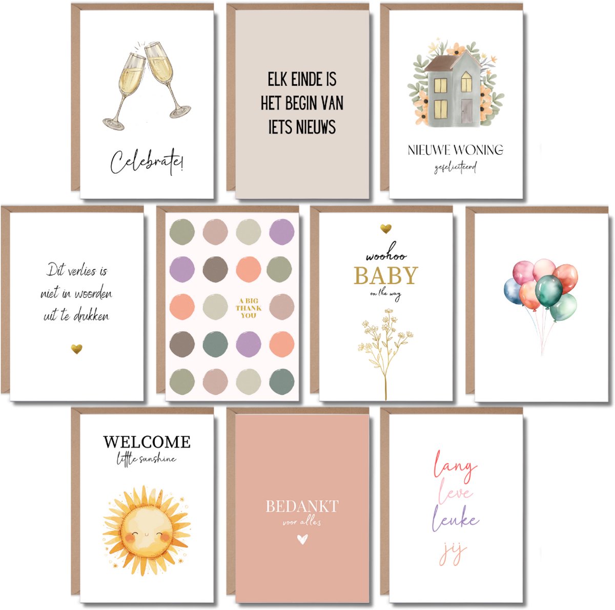 10 Luxe Wenskaarten met Enveloppen – Set Felicitatie, Bedankt, Sterkte, Woning, Zwanger, Geboorte & Verjaardag – A6 - Blanco