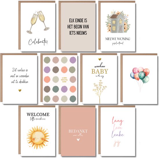10 Luxe Wenskaarten met Enveloppen – Set Felicitatie, Bedankt, Sterkte, Woning, Zwanger, Geboorte & Verjaardag – A6 - Blanco