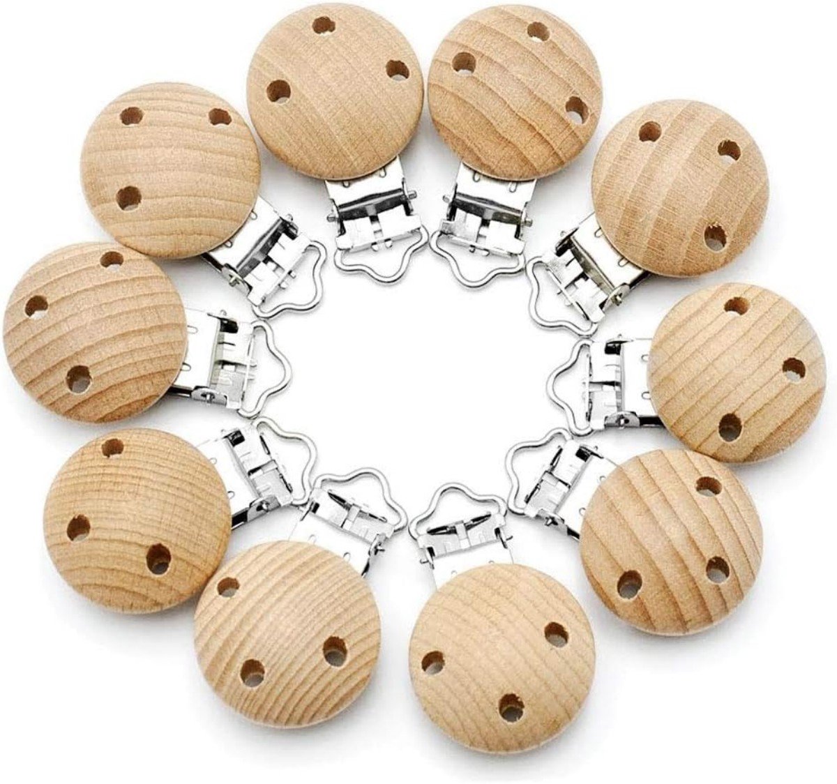 Image of 10-pack houten speenclips - 30 mm speenclips - ronde speenclips van beukenhout met 3 gaten - speenclips met anti-verliesketting