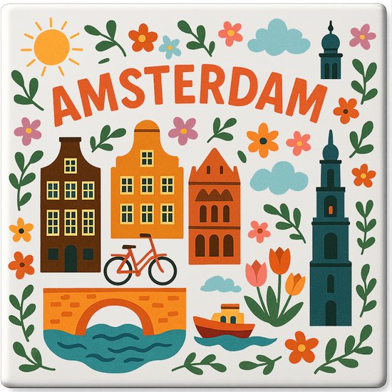 Carreau Amsterdam - 15 x 15 cm - Céramique - Souvenir décoratif - Avec support/chevalet transparent - Cadeau - Carreaux avec texte