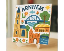 Tegeltje Arnhem - 15×15 cm – Keramiek – Decoratief Souvenir – Inclusief Transparante Houder / Ezel – Cadeau - Tegeltjes met tekst