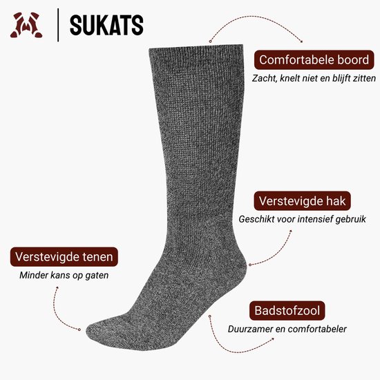 Gedetailleerde Sukats sok, grijs, met uitleg over comfortabele boord, verstevigde hak en tenen, en badstofzool.