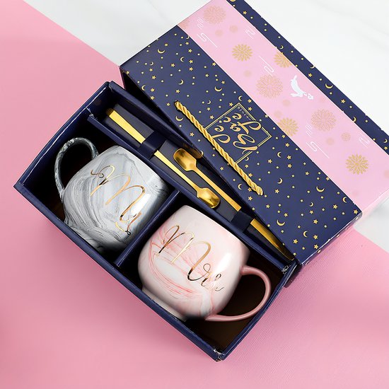 Set de 2 Mugs - Ensemble de mugs - Mug couple - Mug à café - Tasse à café - Tasse - Mugs et tasses - Tasse avec cuillère - 350 ml - Céramique - Mme/M. - Grijs/rose