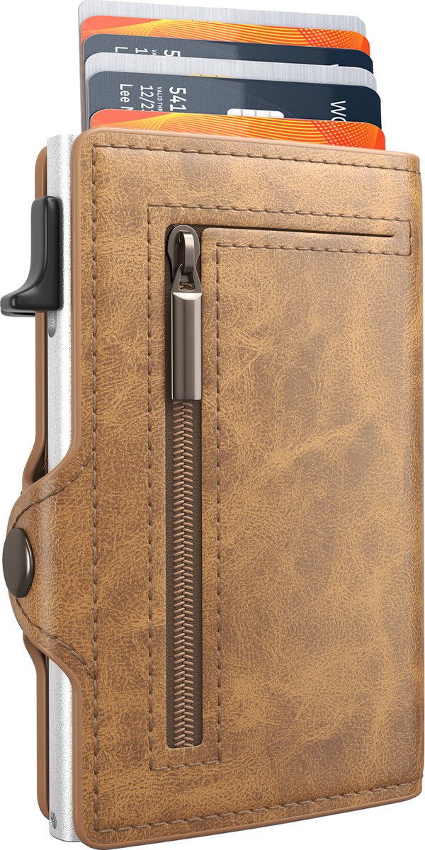 Hëndig - Pasjeshouder Mannen Met Rits - Pasjeshouder Uitschuifbaar -Creditcardhouder - RFID Bescherming - Brief- & Muntgeld 11 Pasjes - Caramel Brown met Rits