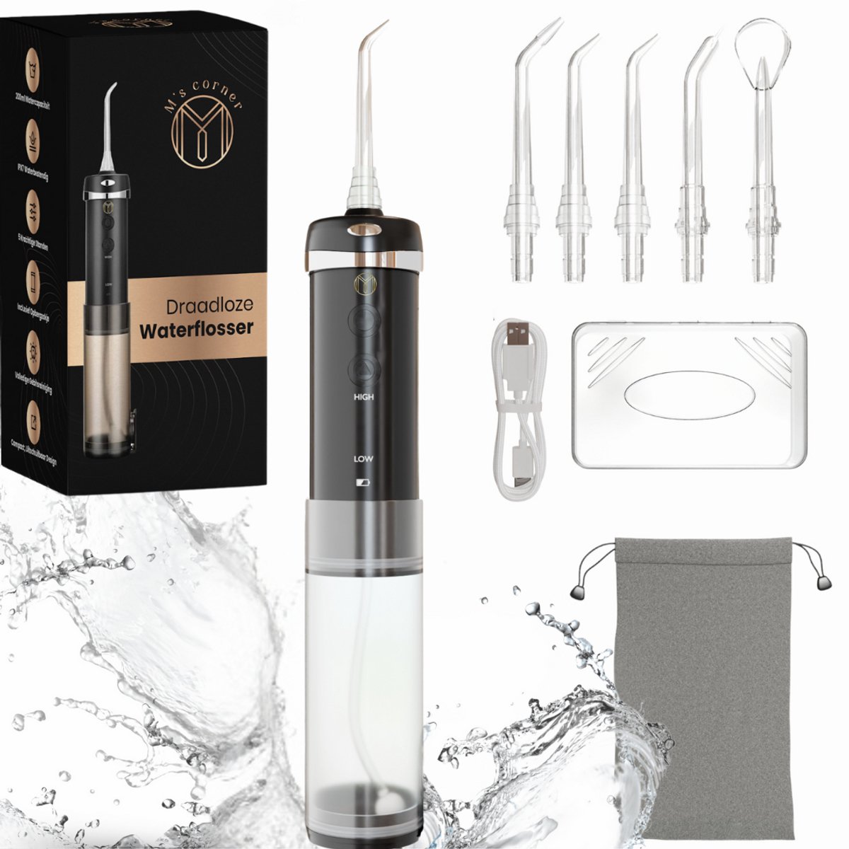 M’s Corner Waterflosser – Monddouche Draadloos – Elektrisch Flosapparaat – Oplaadbaar – 5 Standen – 5 Opzetstukken – IPX7 Waterdicht – Tandvlees & Tanden Reiniging – Zwart