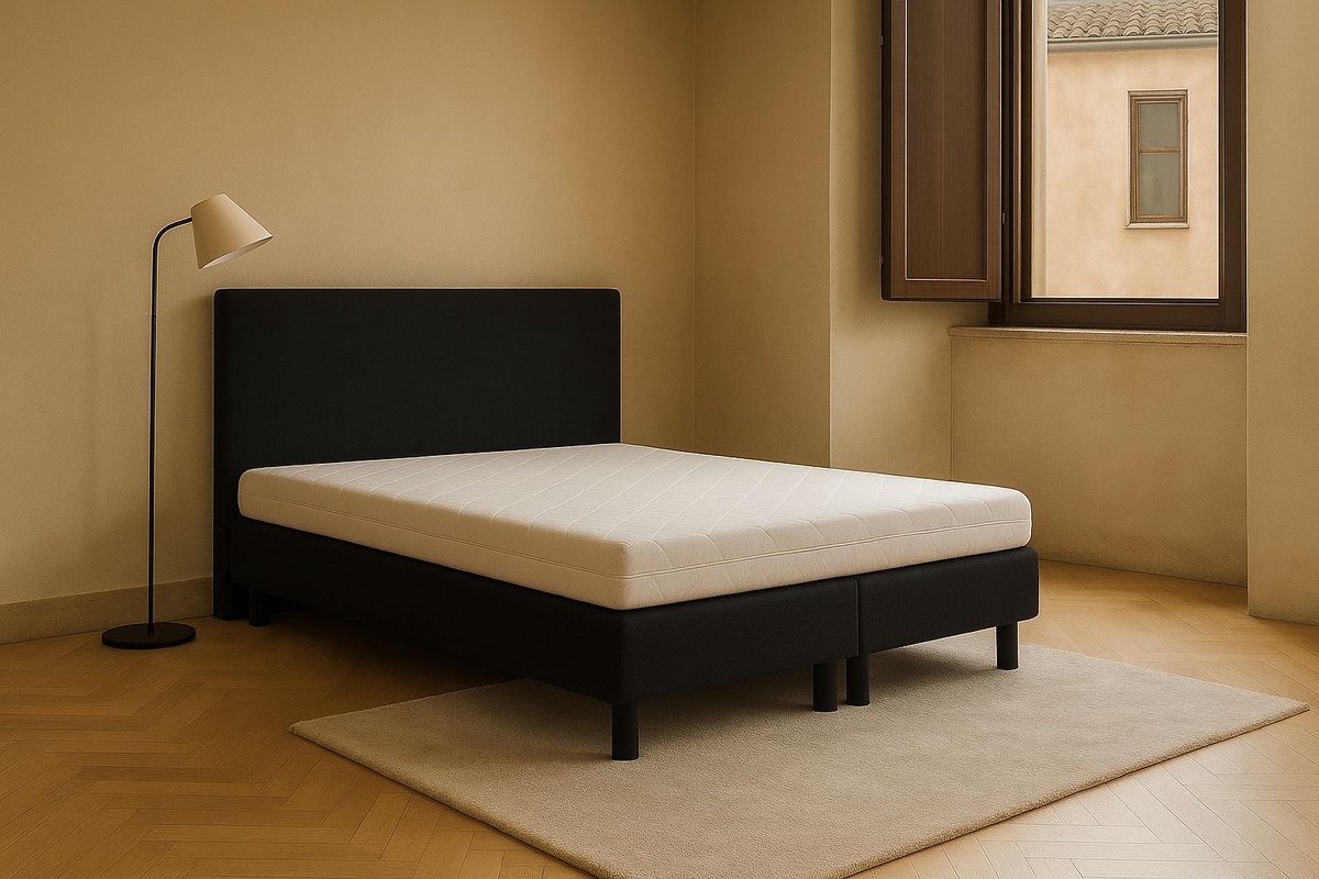 Boxspring Vendita vlak 200x200 cm Luxe Pocketvering Stof zwart Gratis 2x Hoofdkussens