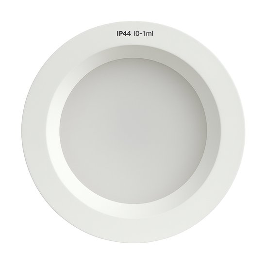 Ronde, witte MEGAMAN inbouwspot met een platte rand en de tekst 'IP44 10-1ml'.