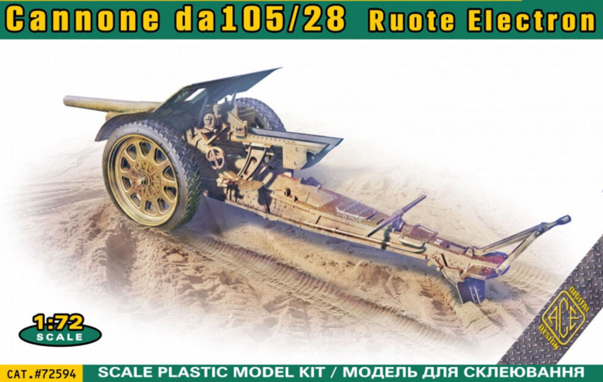 ACE Modelbouwpakket Militaire voertuigen - 72594 Italiaans WWII 105/28 Veldkanon met Rubberbanden - Artillerie Plastic - 1:72 - Modelbouw