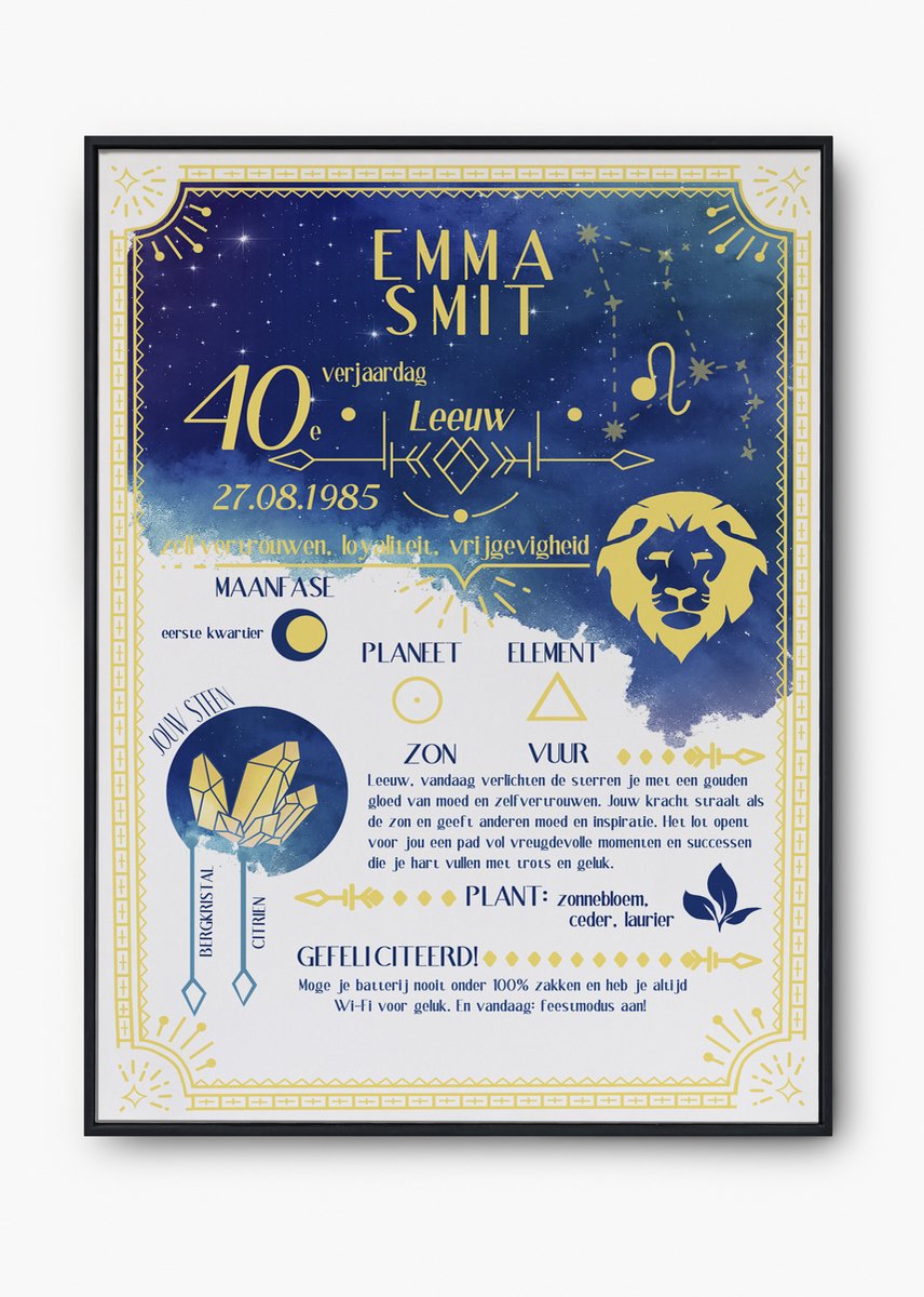 Gepersonaliseerde Sterrenbeeld Poster-Uniek Verjaardagscadeau-Zodiac Leeuw- Horoscoop & Geboortedatum-maat A4-verjaardagsposter
