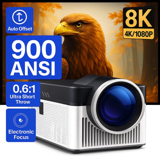 Yemtech® Mini Beamer – Mini Projector - Draagbare Beamer - Thuisbioscoop Beamer - 1080P LCD Projector – Ondersteunt 4K/8K – 900 ANSI Lumen – Ultra korte Lens - Android – WiFi 6 – Thuisbioscoop– Auto Keystone